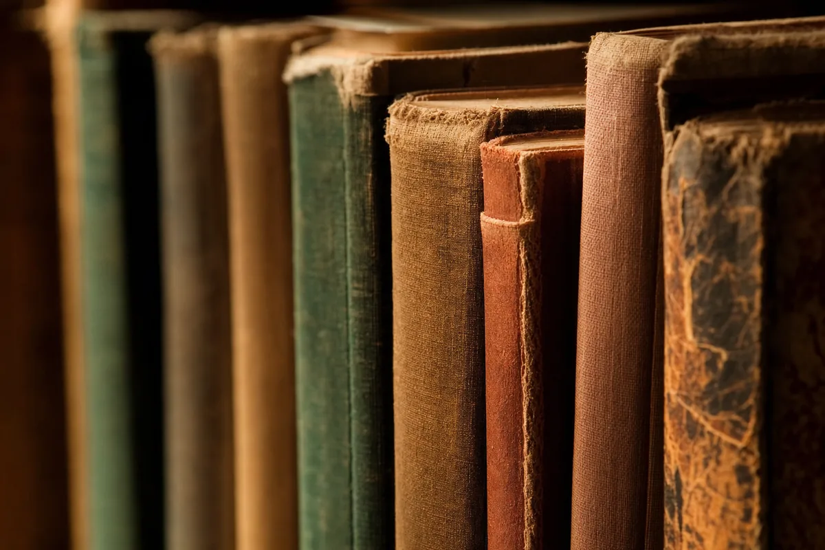 Well-worn book spines packed together on a shelf