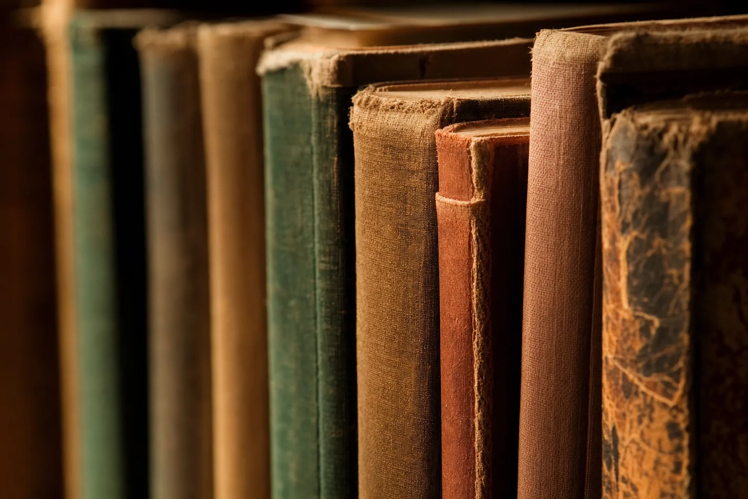 Close-up of well-worn hardcover book spines in faded greens and reds