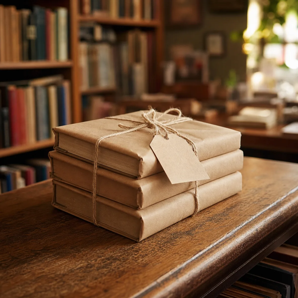 A stack of books wrapped in kraft paper and tied with twine