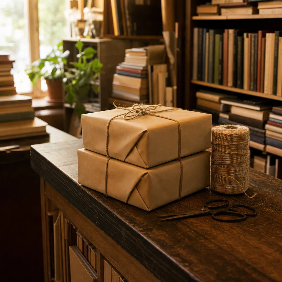 Kraft-paper parcels of books tied with string, ready to ship