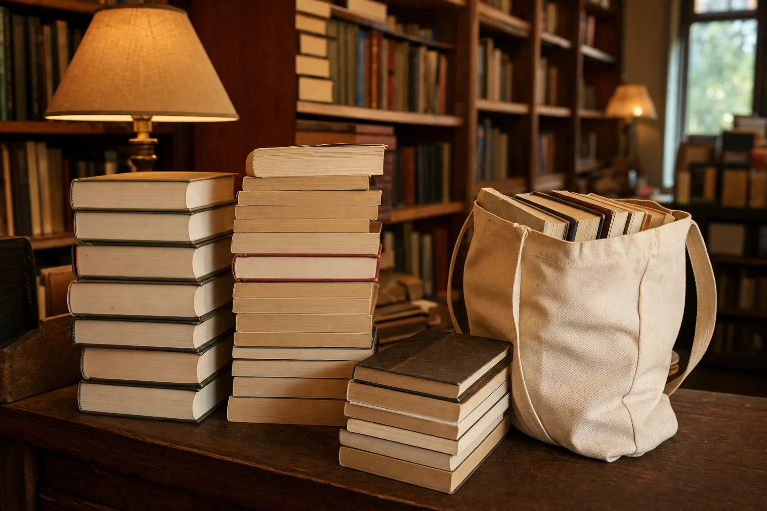 Stacks of used paperbacks waiting to be traded in on a wooden bookstore counter